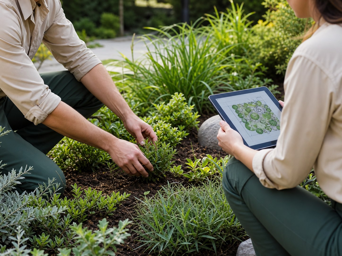 Agriculture-qualified landscaping team consulting on garden planting