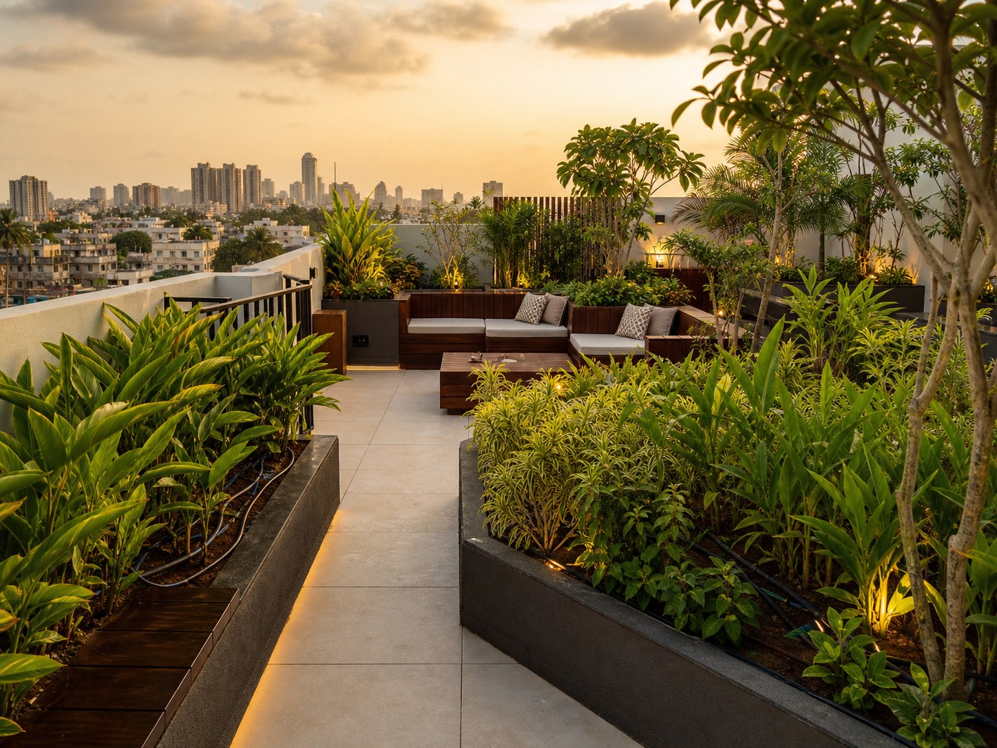Rooftop terrace garden with planters
